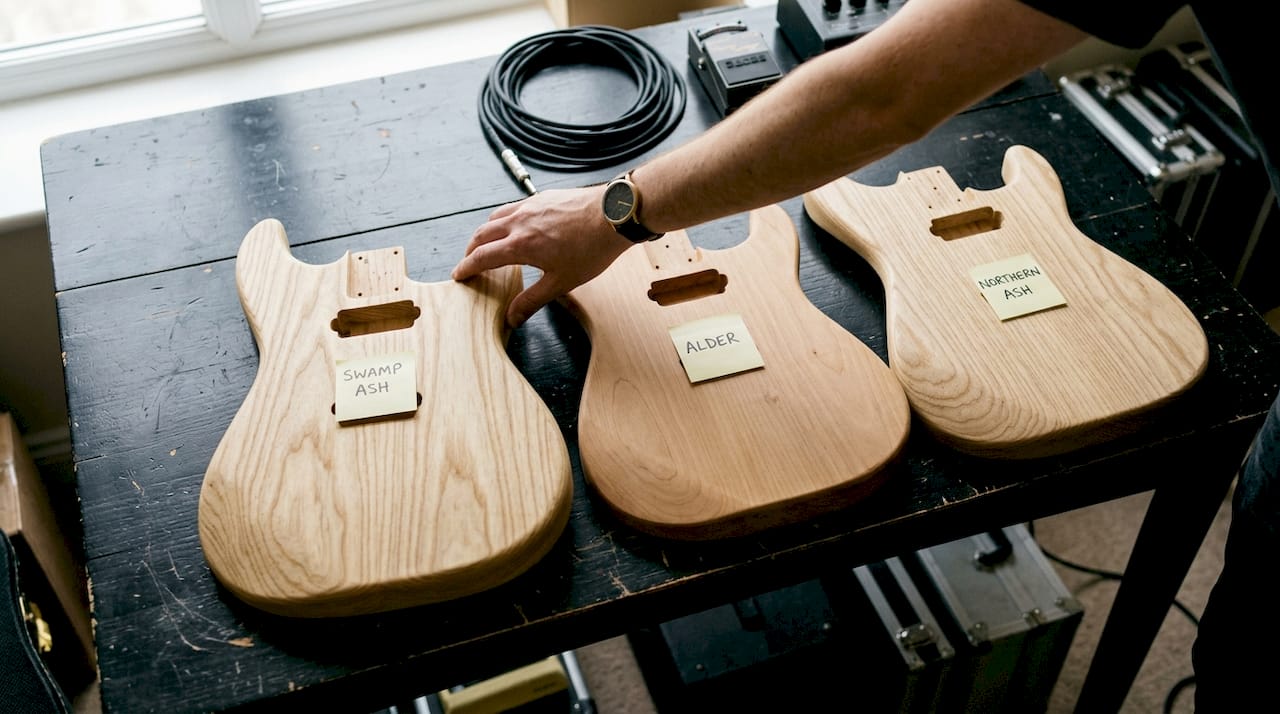 Three guitar bodies compare wood types