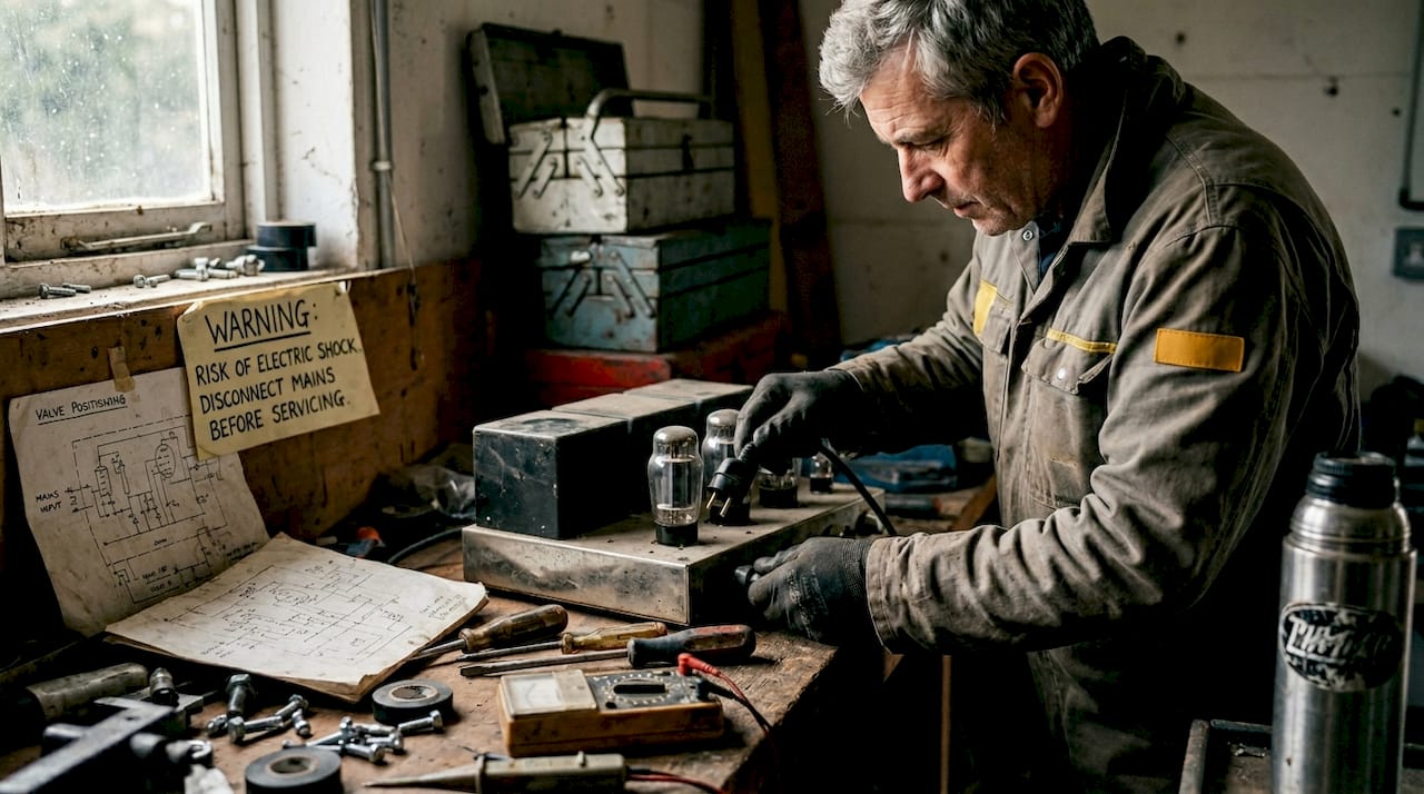 Technician safely unplugging tube amplifier