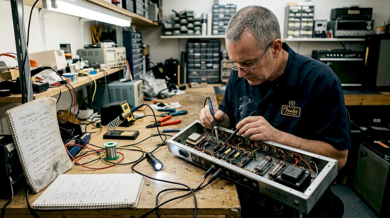 Technician repairing vintage tube guitar amplifier