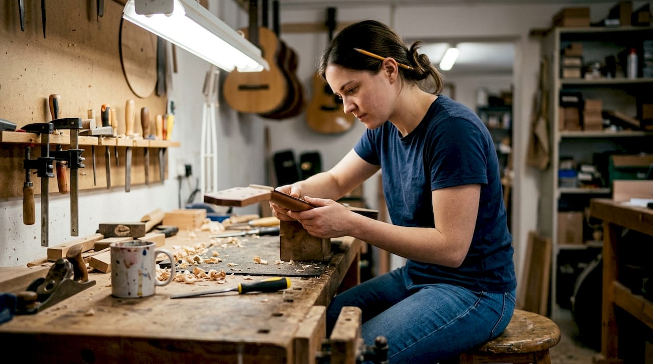 Guitarist testing neck fit in workshop