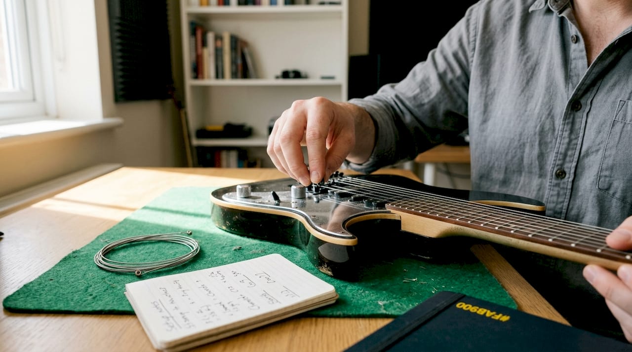 Hands adjusting locking tremolo fine tuners