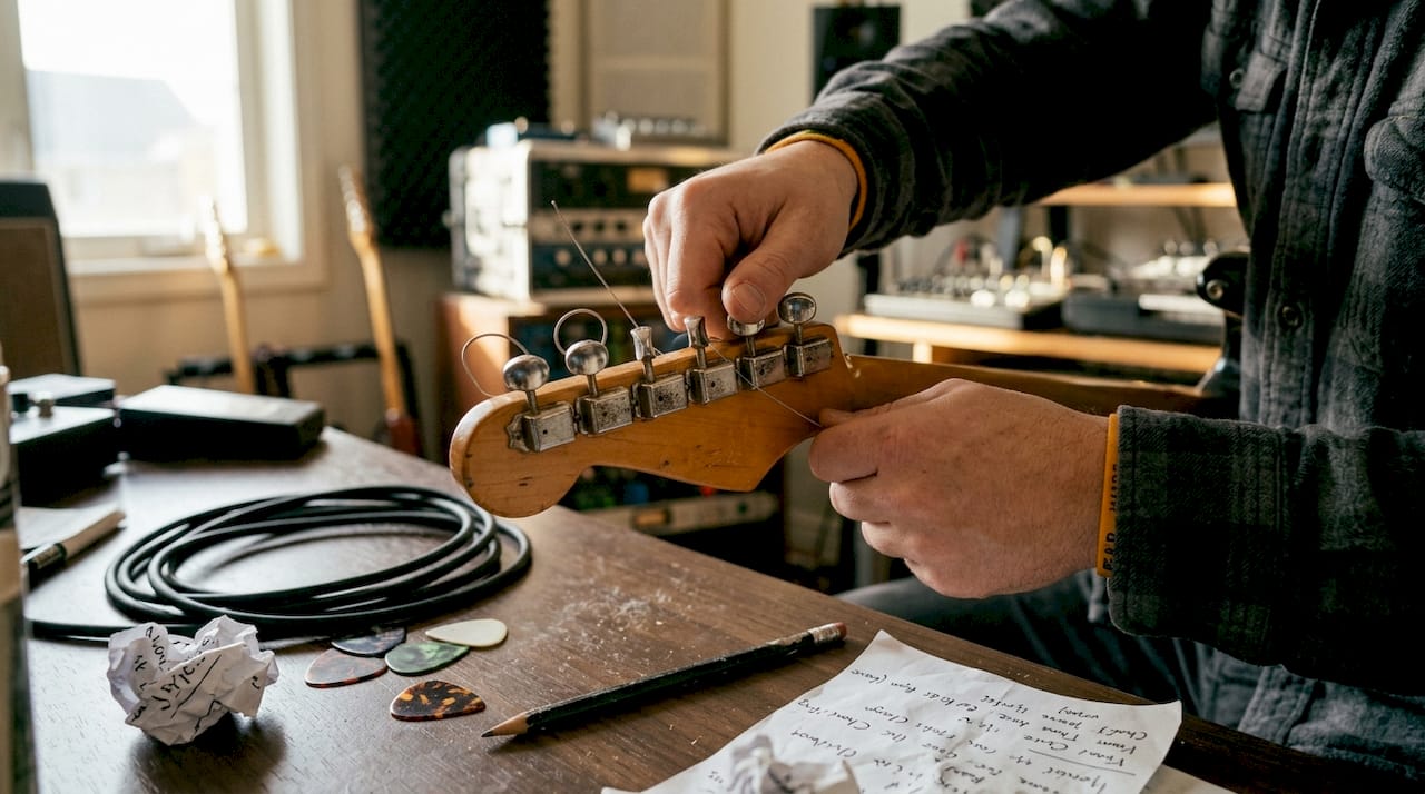 Close up bending string with locking tuner
