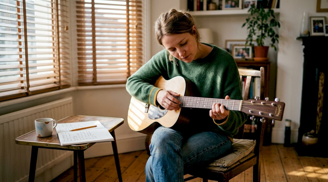 Guitarist examining guitar neck woods