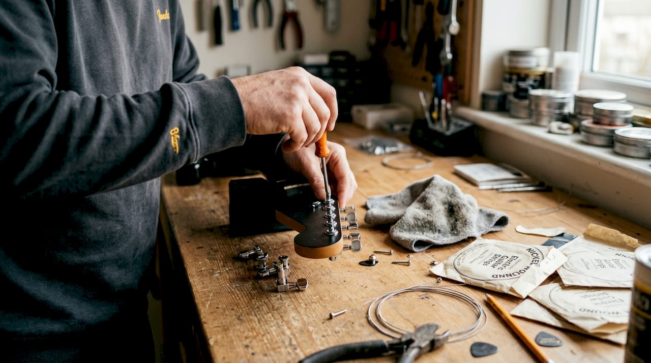 Hands installing locking guitar tuners