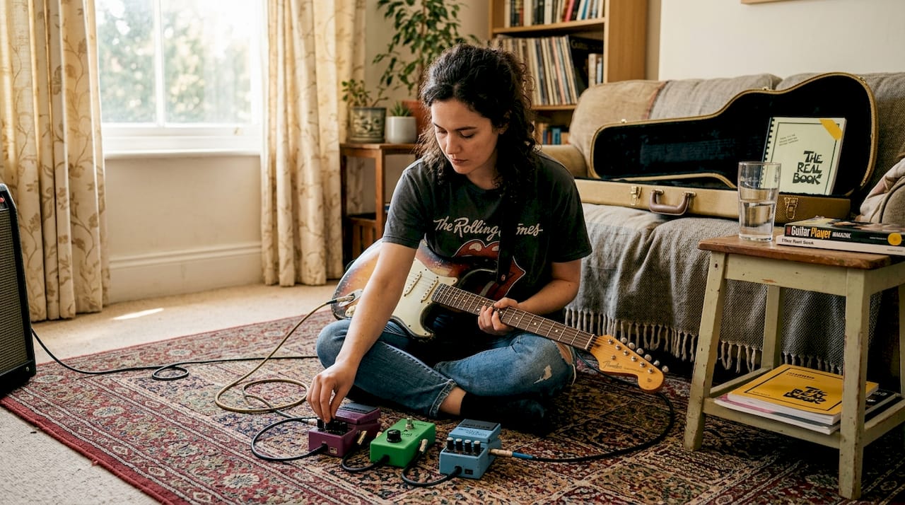 Guitarist comparing three effect pedals
