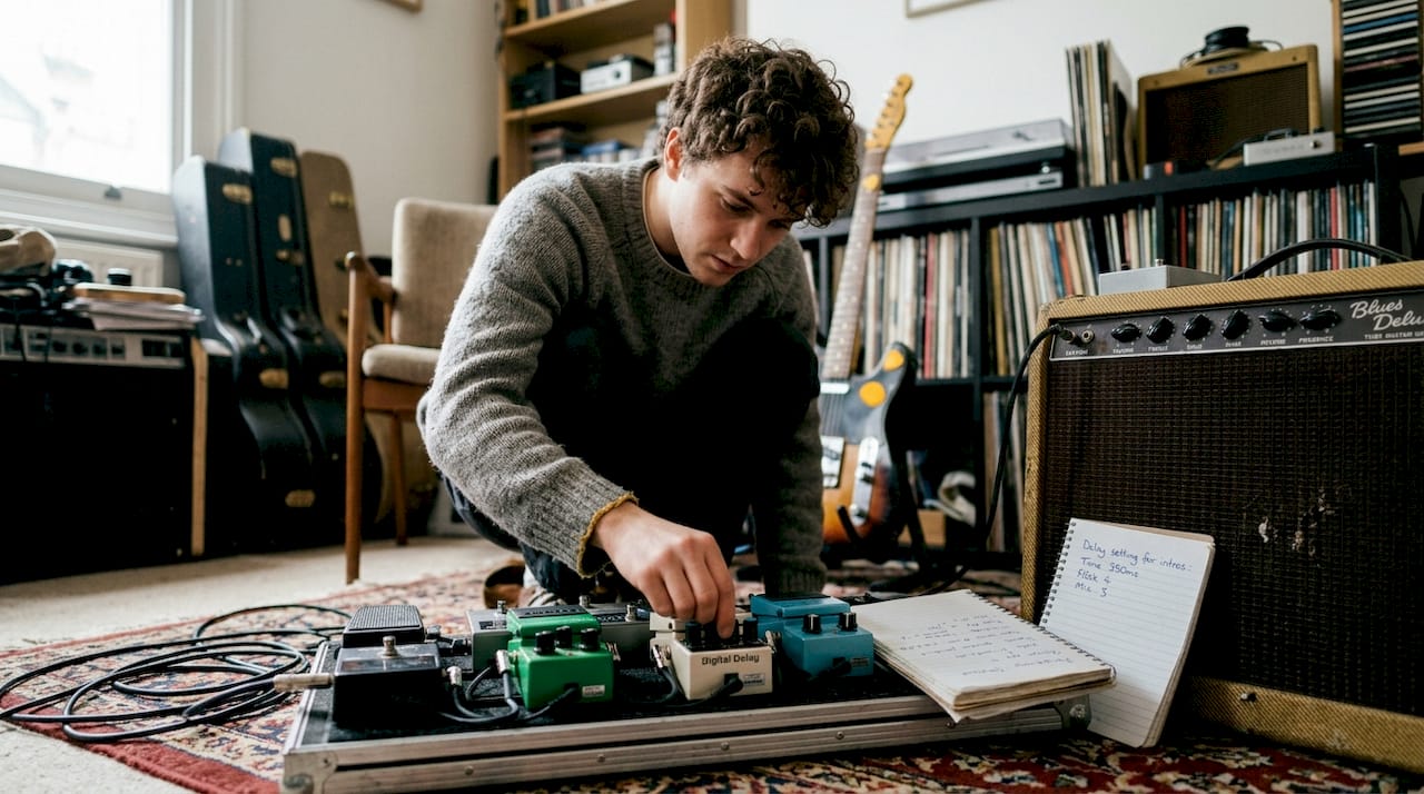 Guitarist adjusting delay pedal next to amp