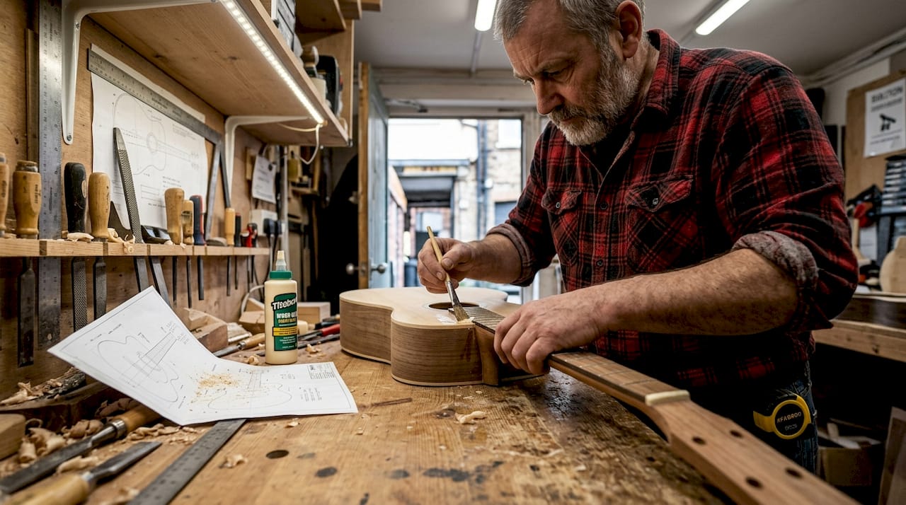 Luthier gluing and fitting set-neck guitar