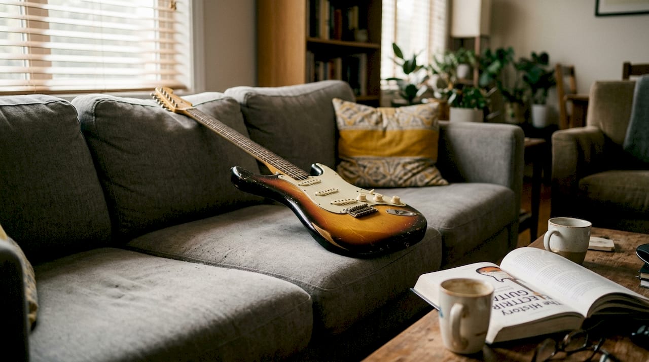 Close-up of guitar with aged nitro finish