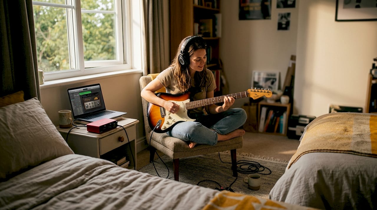 Woman using amp sim for guitar recording