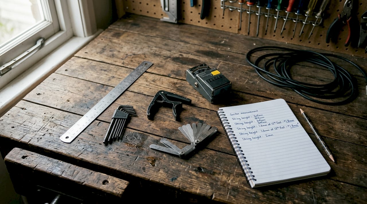 Guitar setup tools arranged for adjustments