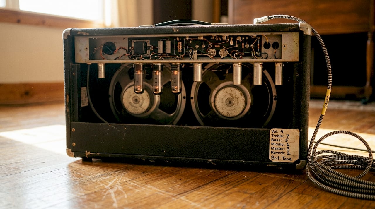 Close-up of tube amplifier and speaker cones