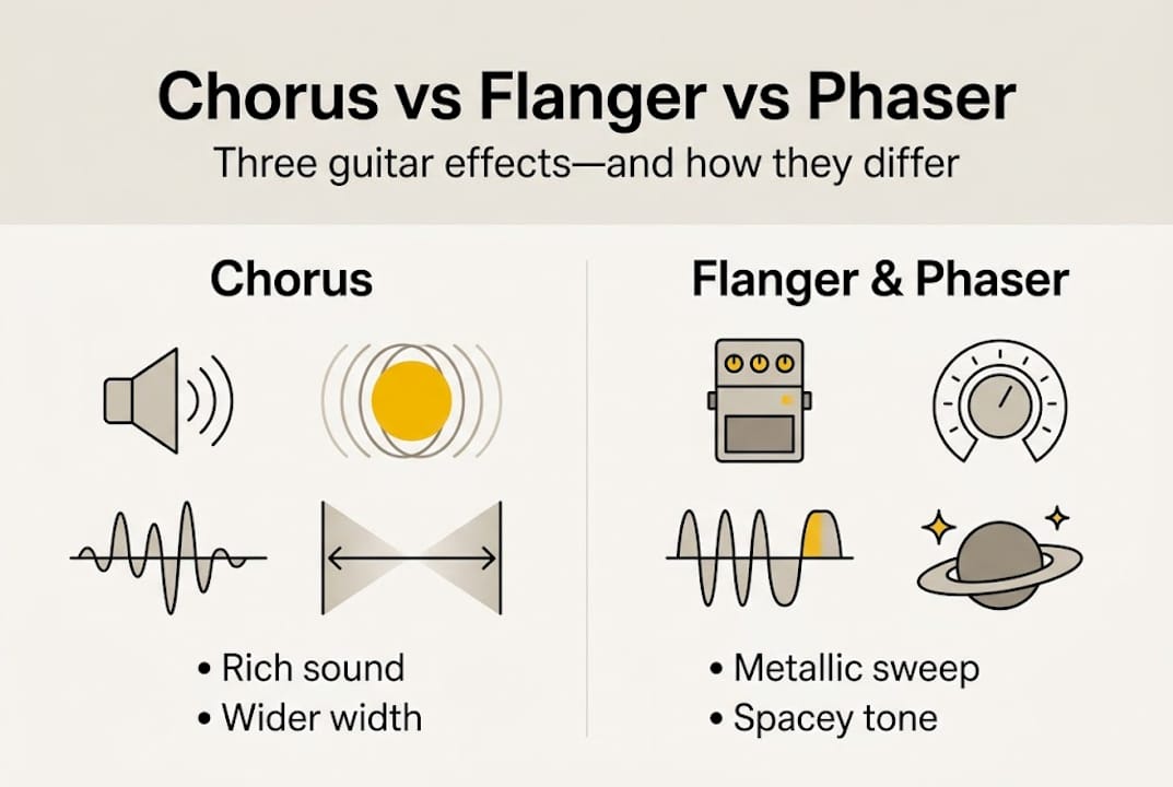 Infographic comparing chorus, flanger, and phaser effects