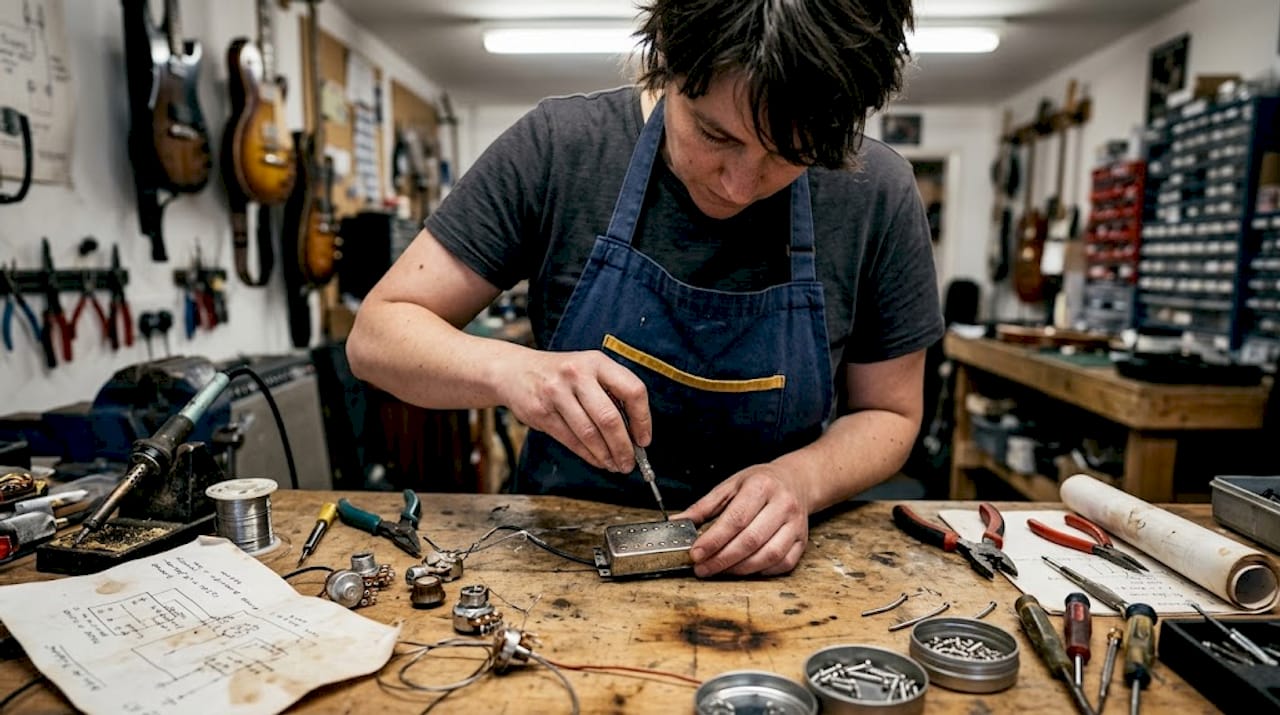 Guitar tech adjusting humbucker pickup wiring