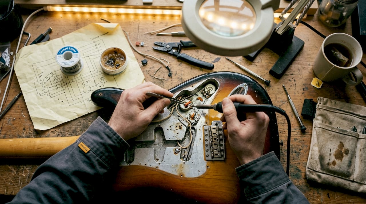 Hands installing treble bleed circuit in guitar