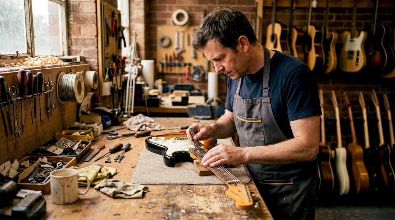 Luthier checks guitar string height on workbench