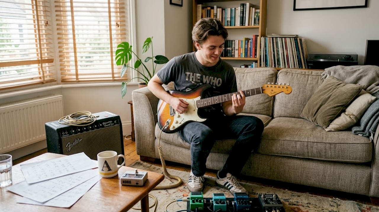 Guitarist playing clean funk on Stratocaster