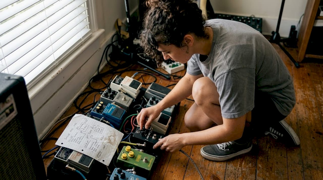 Musician connecting noise gate pedalboard