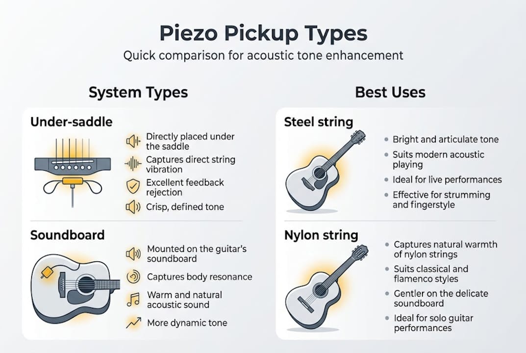 Infographic comparing piezo pickup types and uses