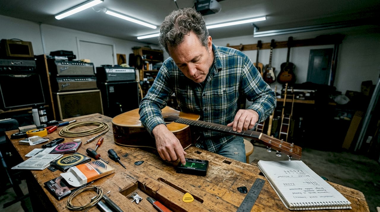 Guitarist checking intonation at workbench
