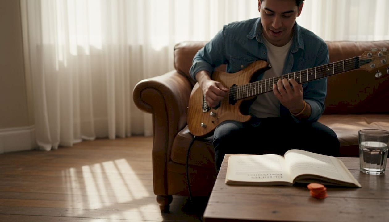 Guitarist using multiscale guitar comfortably