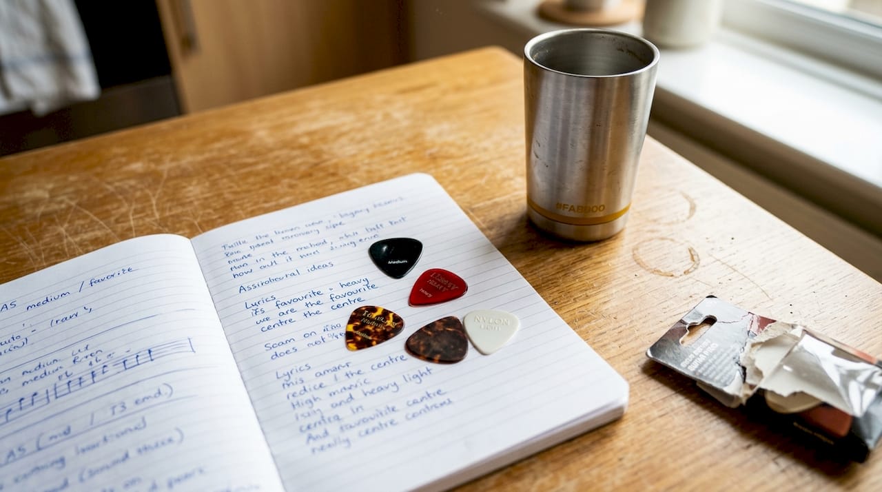 Assorted plectrums and coffee mug on table