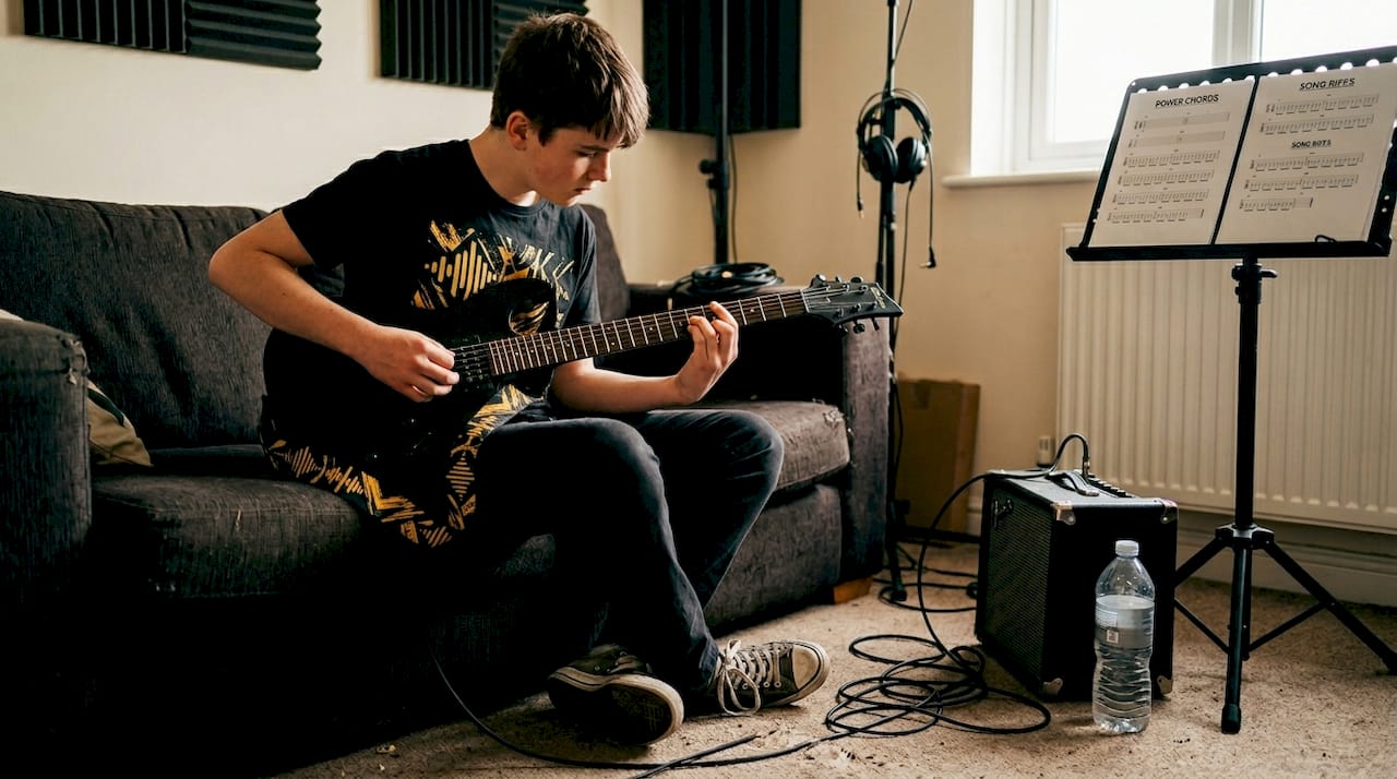 Teen guitarist playing Drop D power chords