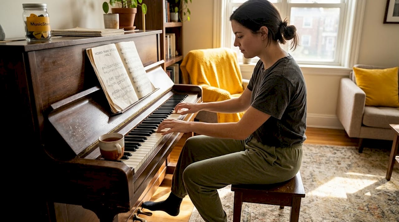 Pianist using sustain pedal in apartment