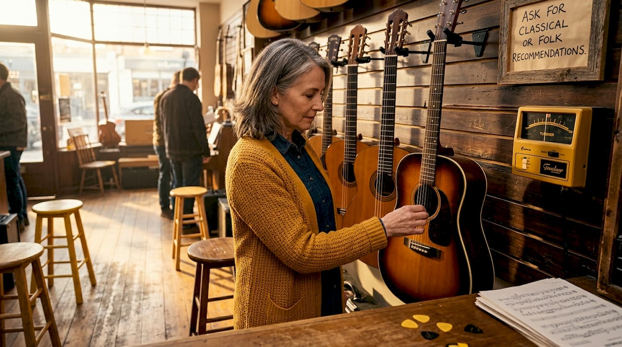 Woman testing acoustic guitar in music shop