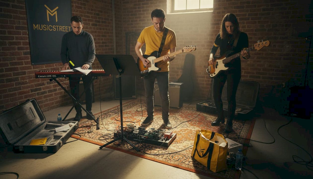 Band members rehearsing with tuning issues