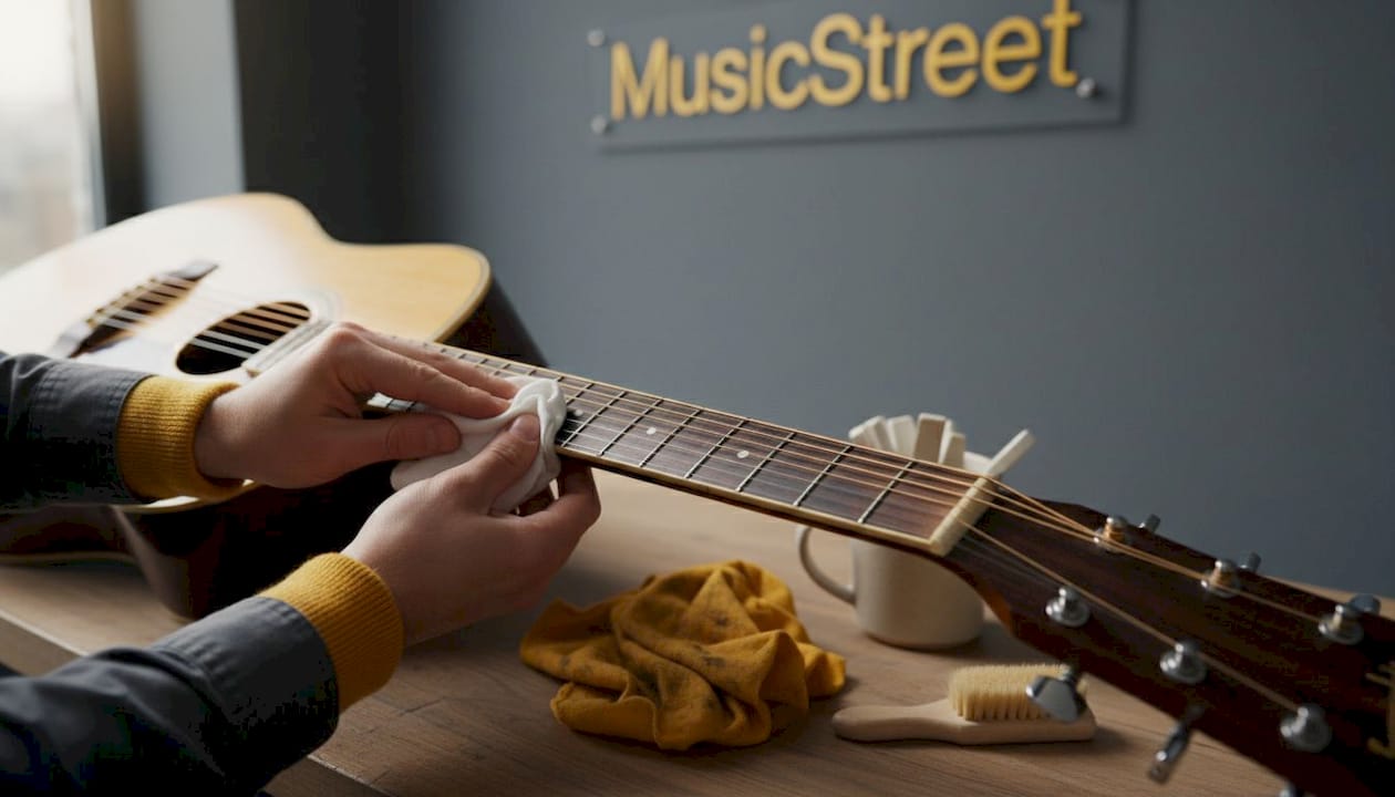Hands cleaning acoustic guitar fretboard