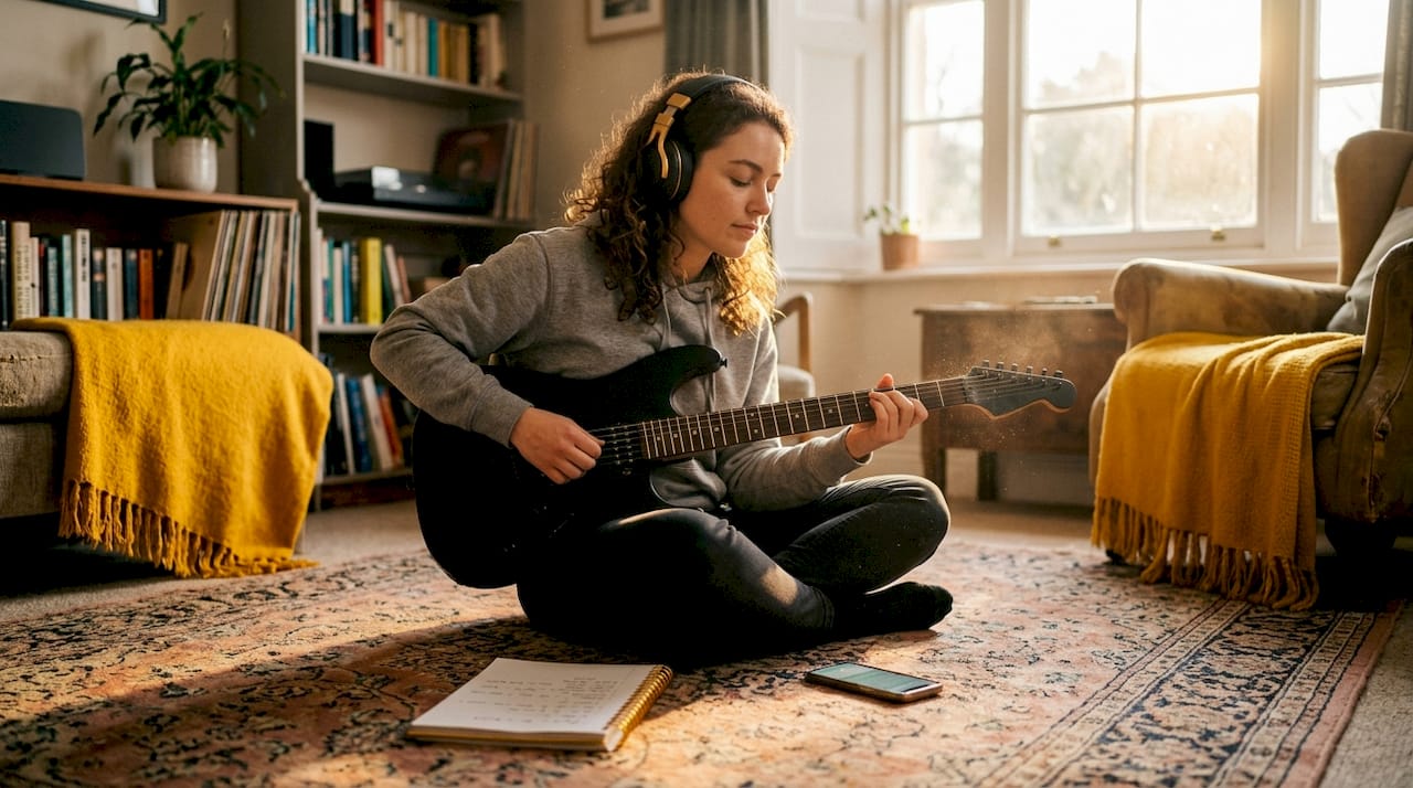 Guitarist practicing with hardtail bridge at home