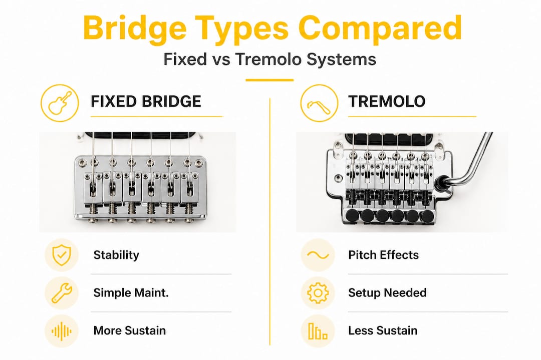 Infographic comparing fixed and tremolo bridges