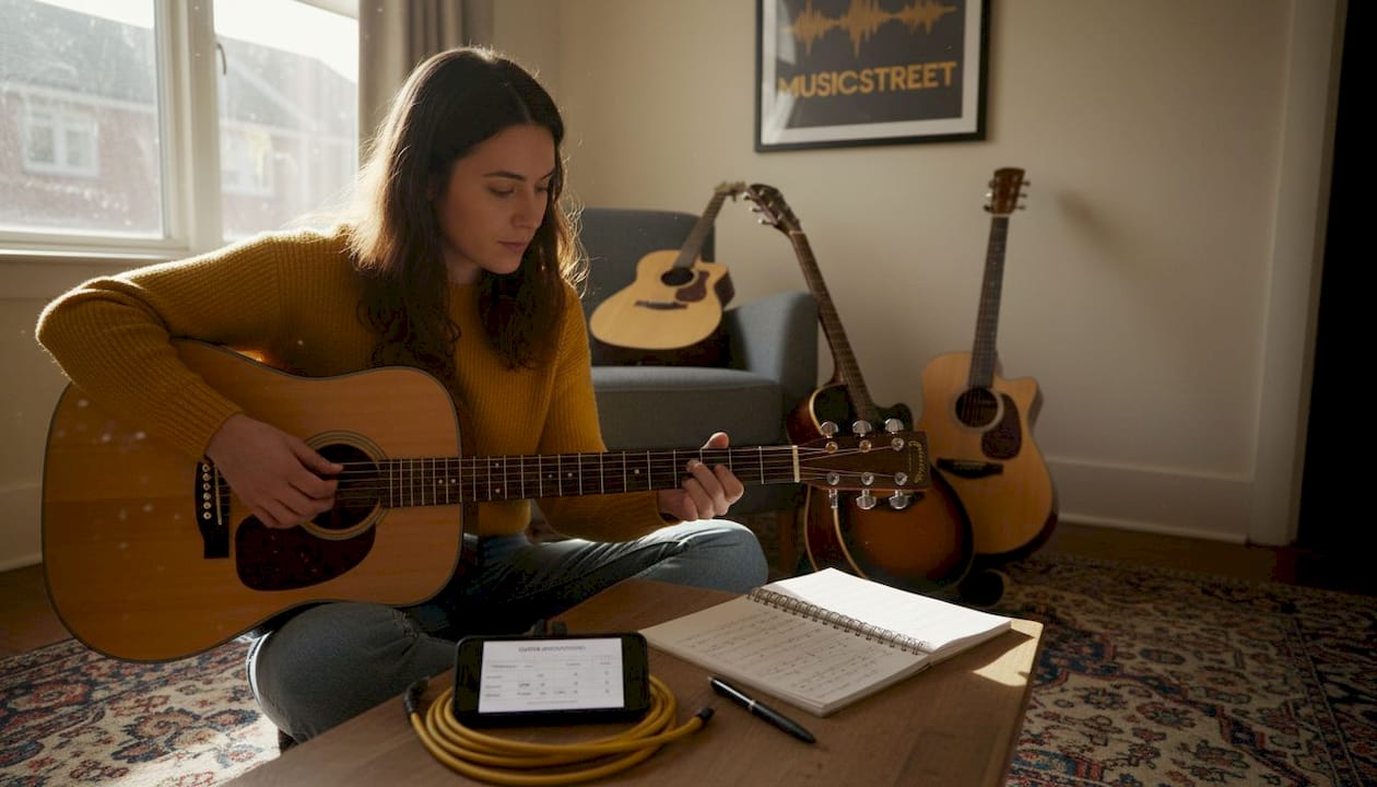 Woman comparing several acoustic guitars at home