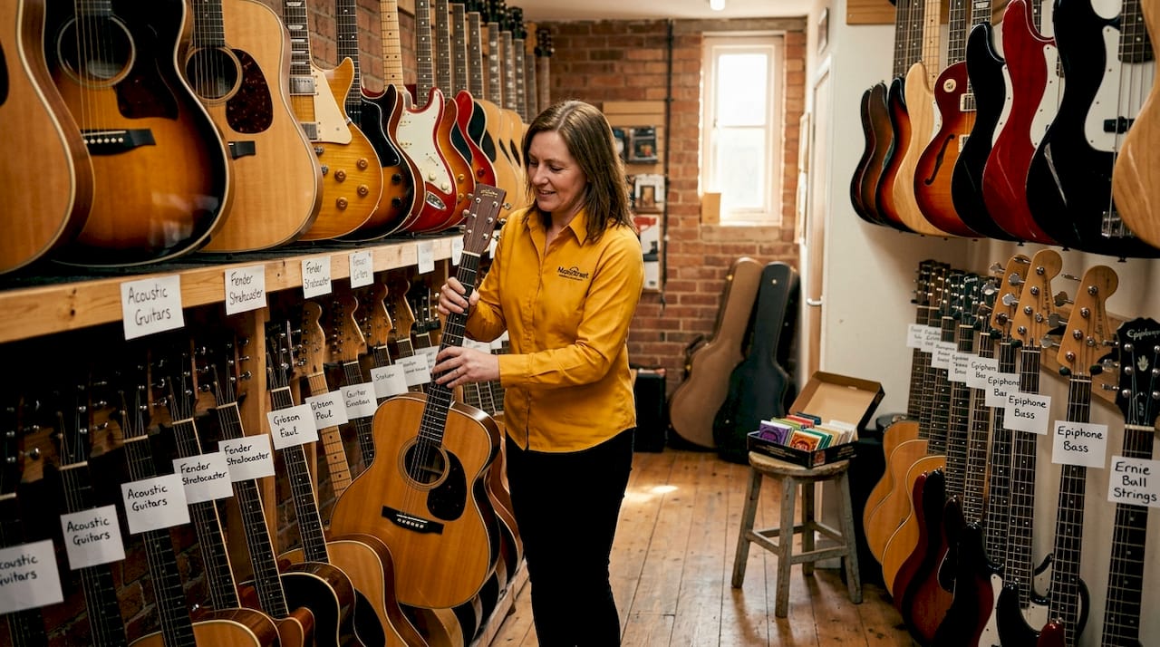 Store employee stocking guitars in tidy shop