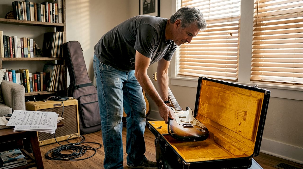 Musician packing durable electric guitar in case