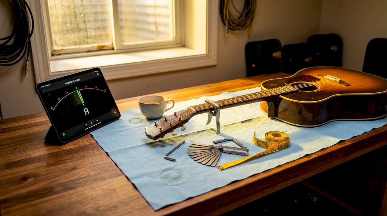 Guitar setup tools and workspace on table