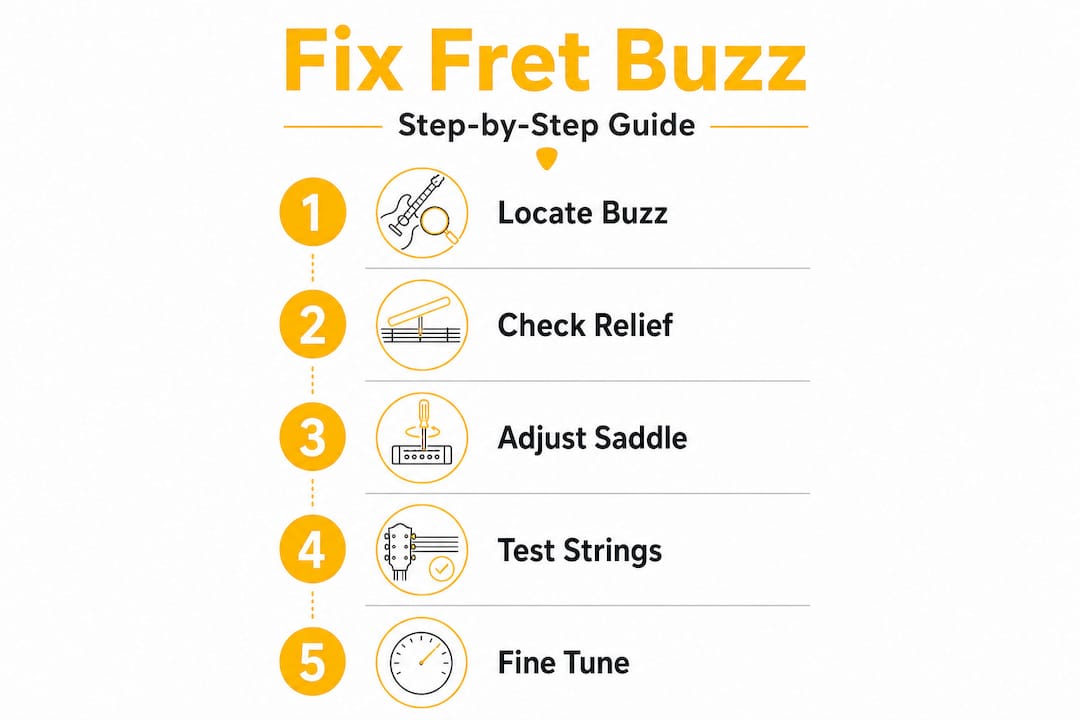 Infographic showing step-by-step fret buzz fix