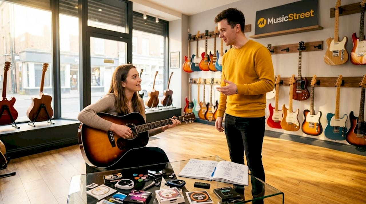 Customer receiving guitar shop advice