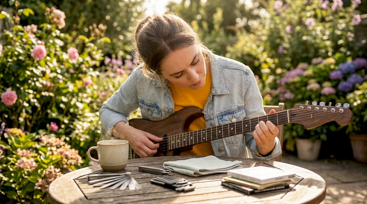 Person checking neck relief on guitar at table