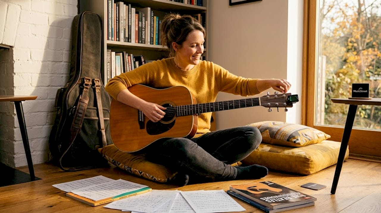 Musician tuning piezo-equipped acoustic guitar