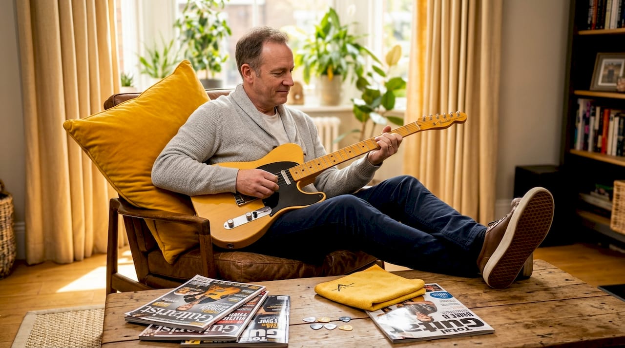 Man playing Custom Shop guitar at home