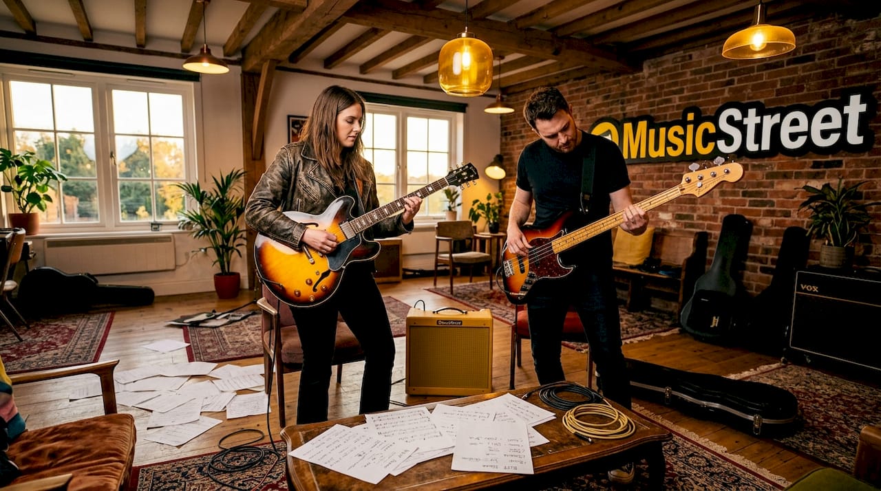 Band rehearsing with semi-hollow guitar