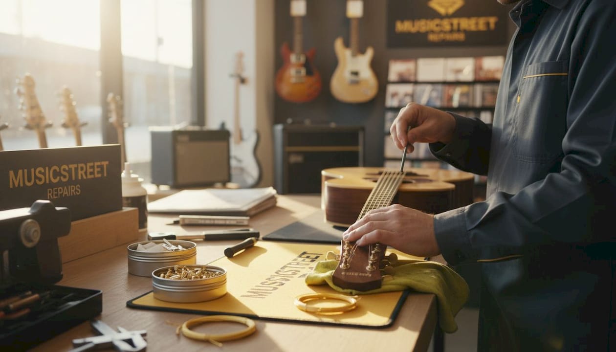 Technician adjusting guitar setup at workbench