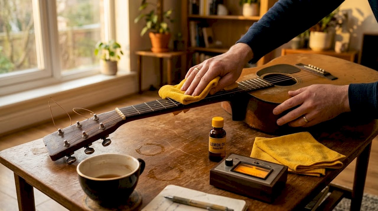 Hands cleaning guitar fretboard at home