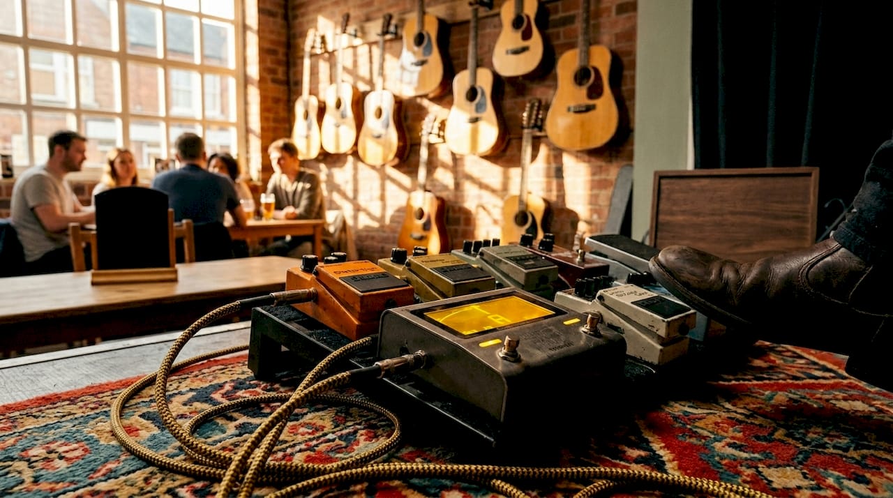Pedal tuner on pedalboard during stage setup