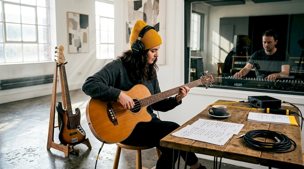 Bassist playing acoustic and electric bass in studio