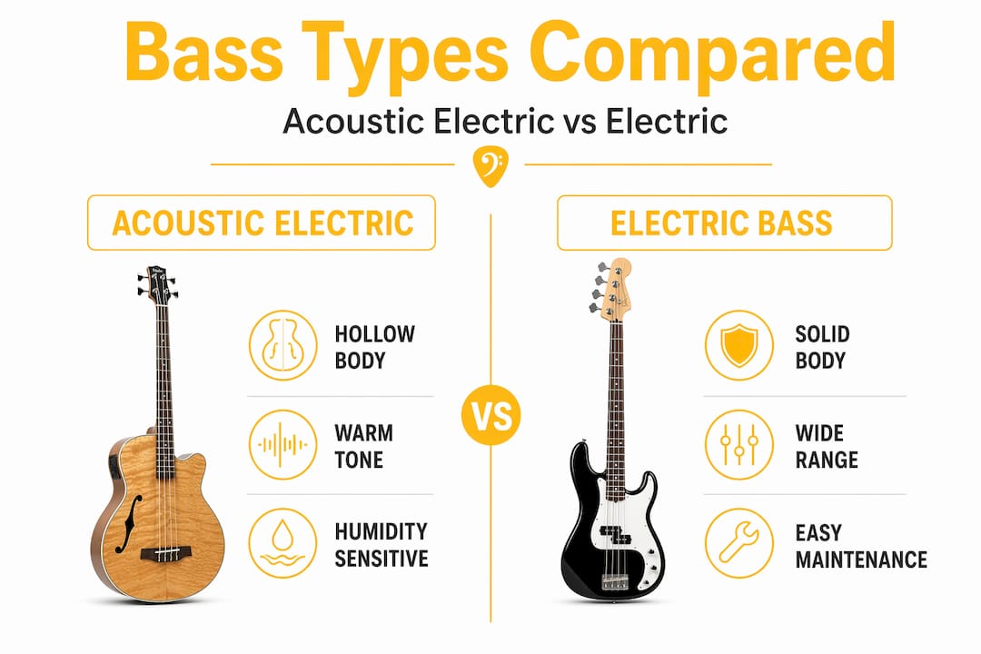 Split infographic acoustic vs electric bass features