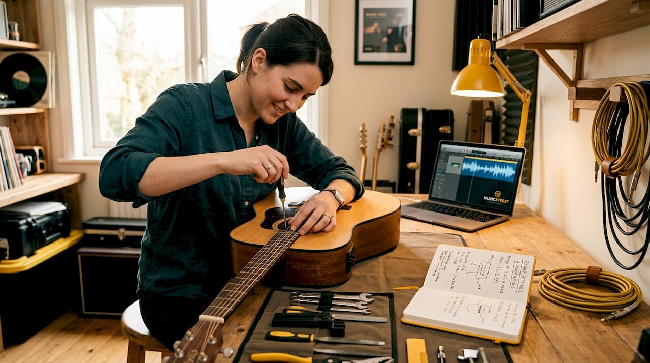 Guitarist adjusting pickup on acoustic-electric guitar