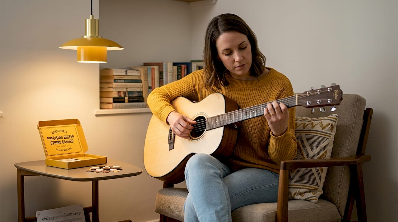 Woman playing fingerstyle on light gauge