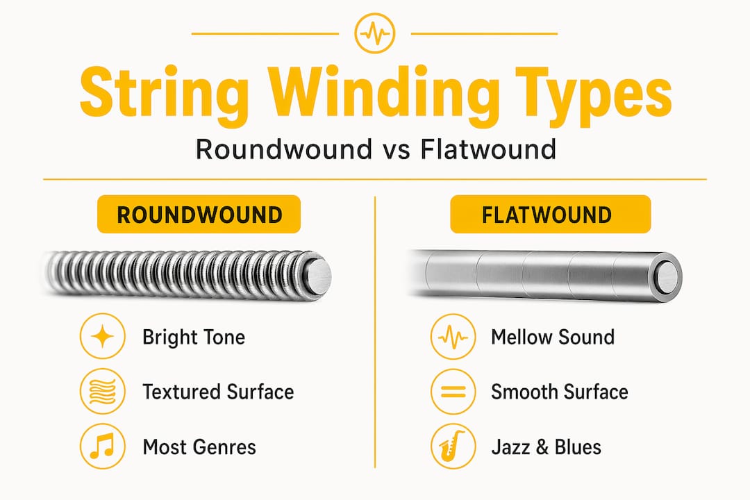 Infographic comparing roundwound and flatwound guitar strings